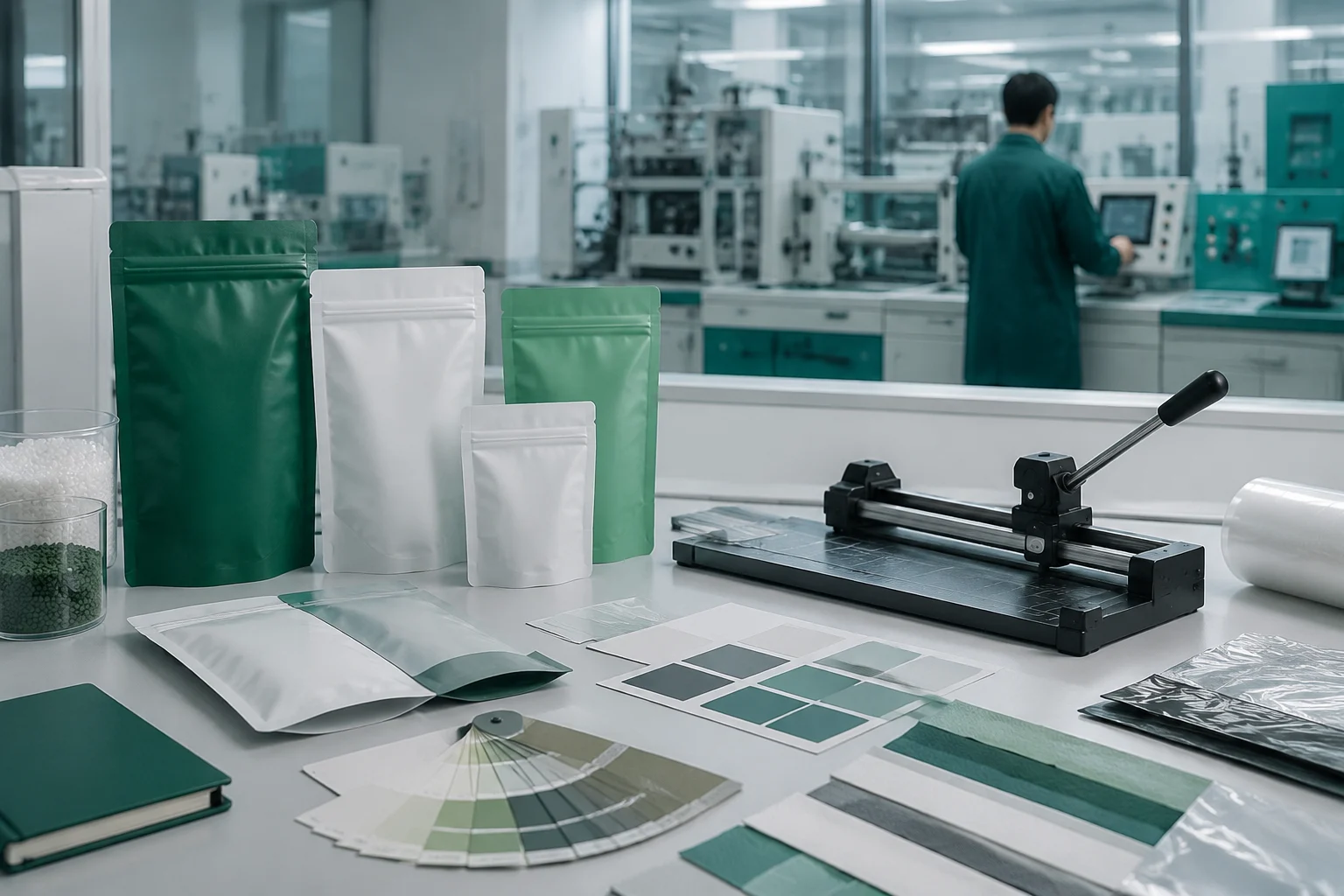 Flexible packaging prototypes and material swatches in an R and D lab