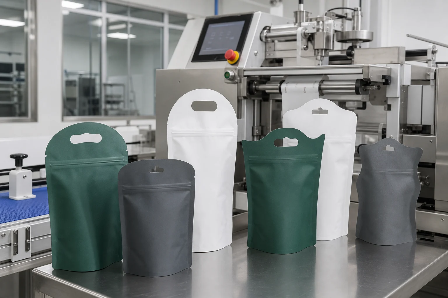 Custom die-cut flexible pouch prototypes in production