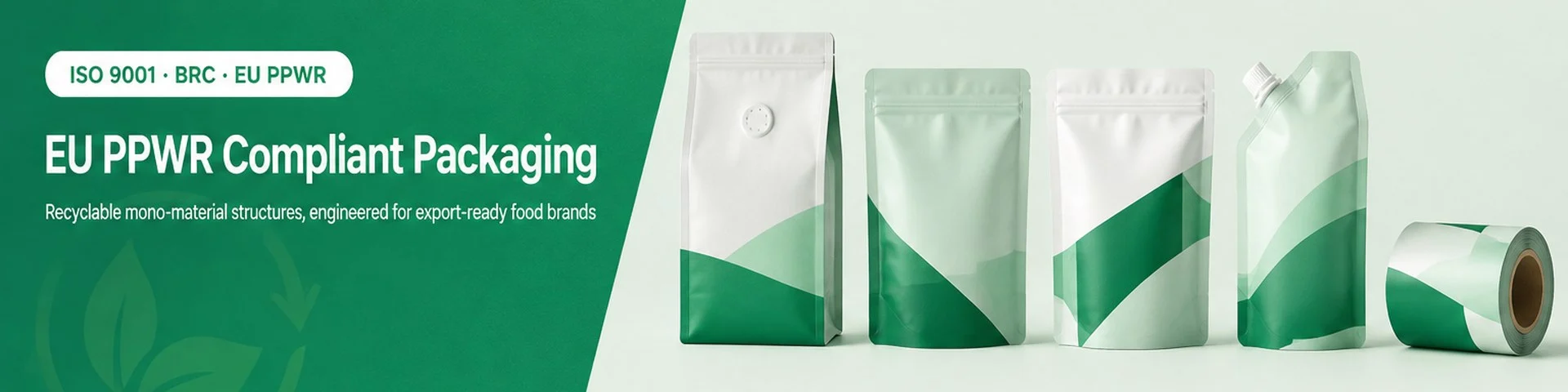 EU PPWR compliant recyclable flexible packaging banner from Lvpai Packaging