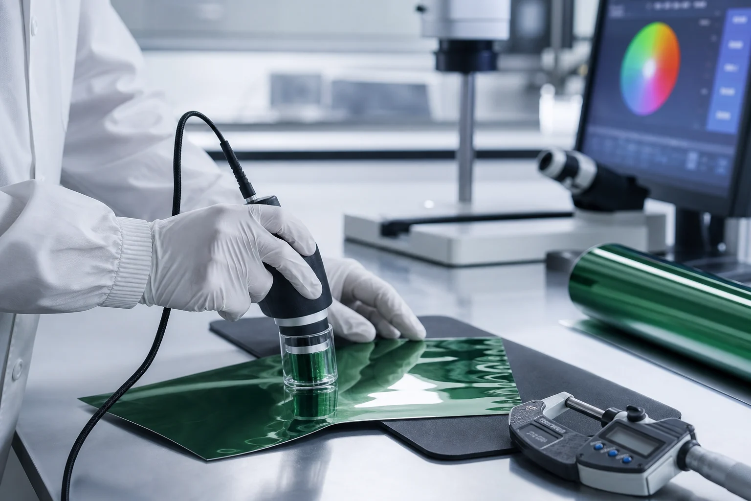 Quality control inspection of flexible packaging film in a clean laboratory